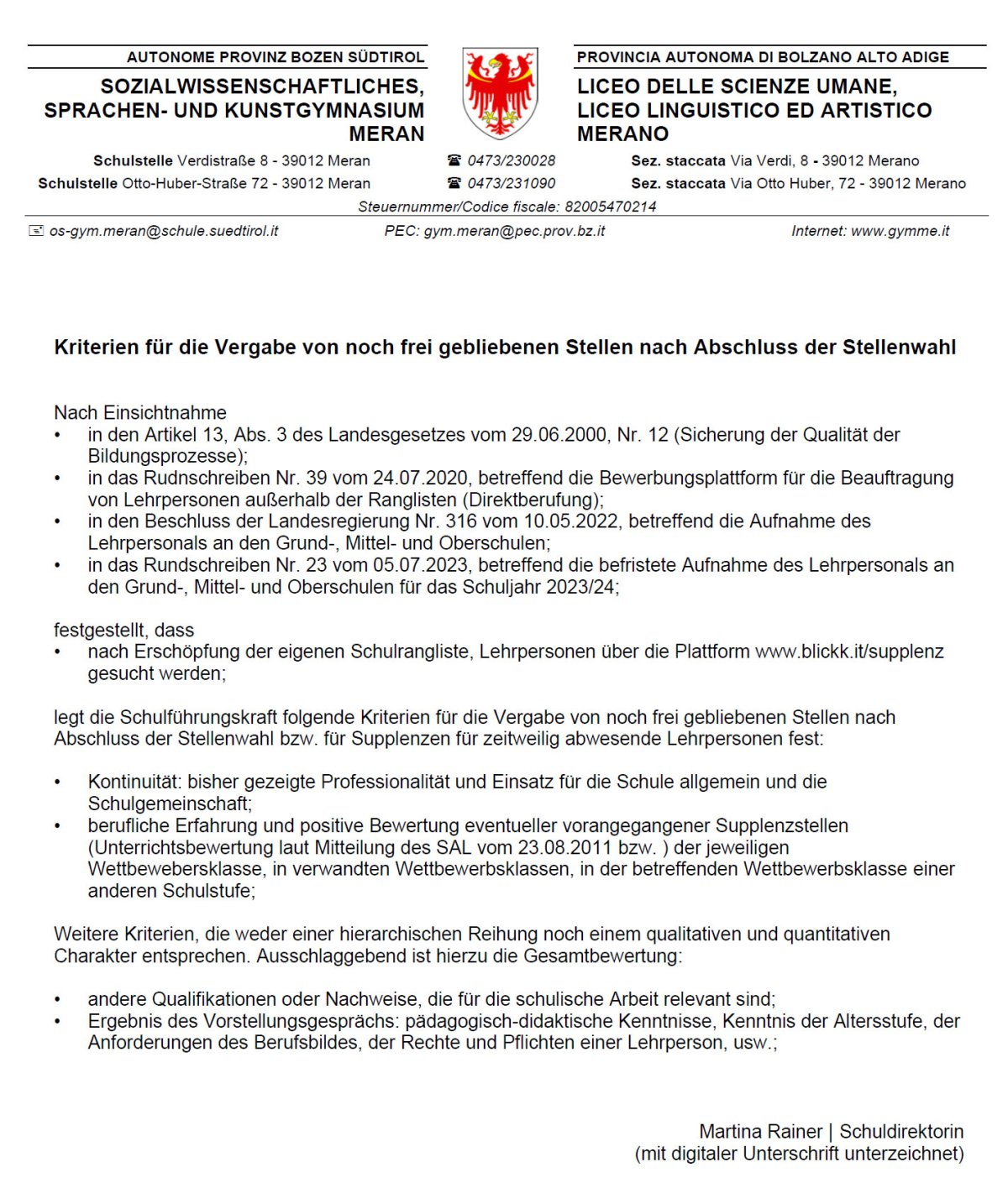 Vergabe von noch frei gebliebenen Stellen nach Abschluss der Stellenwahl